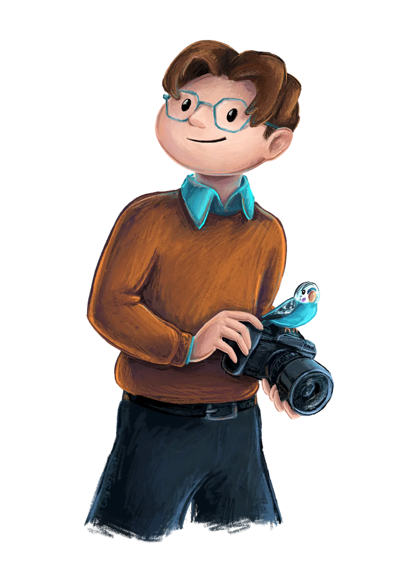 hand drawn illustration of Christian in brown and blue with a camera in hands and a budgie on top